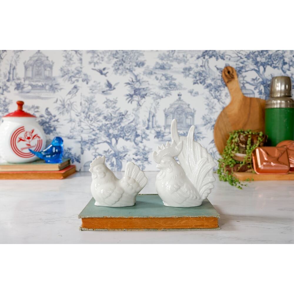 VTG White Hen Rooster Chicken Figurines Pair Ceramic Farmhouse Cottage Retro